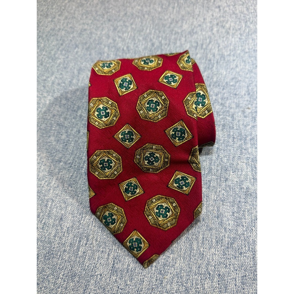 Vintage Aquascutum of London 100% Silk Tie Red Geometric Medallion Pattern